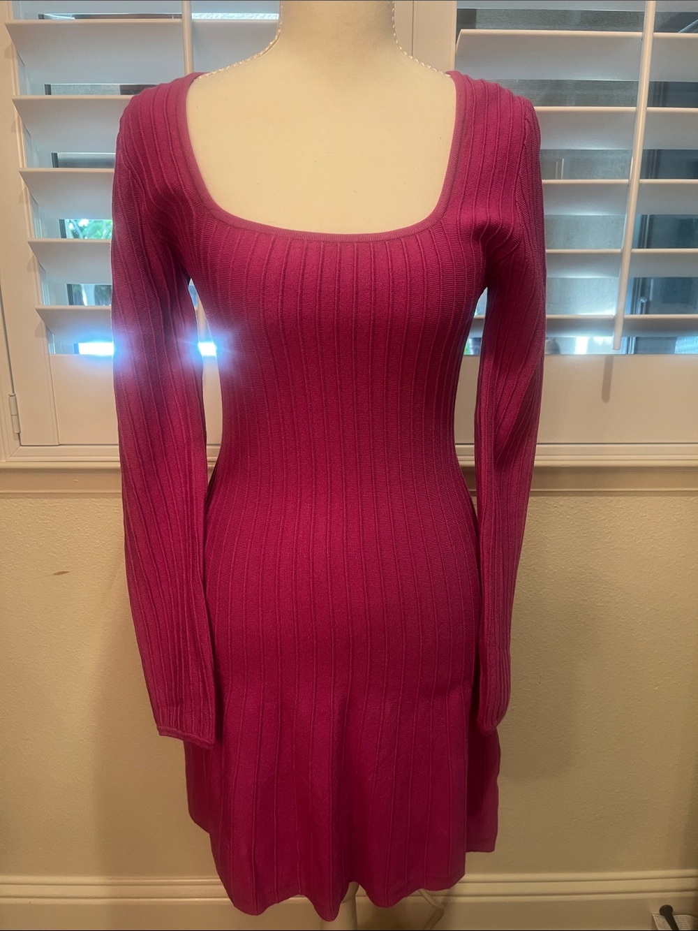 Lulu's Magenta Ribbed Square-Neck Long-Sleeve Knit Dress